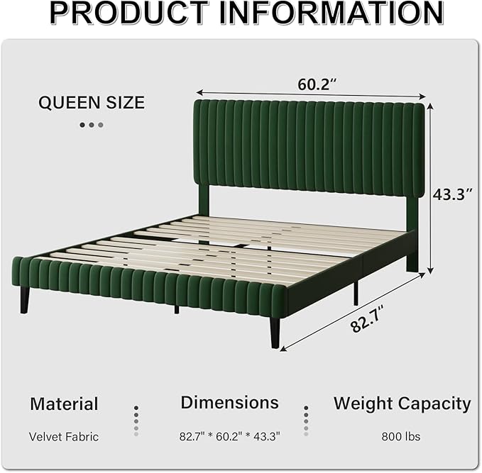 Queen Size Bed Frame, Velvet Upholstered Platform Bed with Vertical Channel Tufted Headboard and Footboard, No Box Spring Required, Easy Assembly, Green
