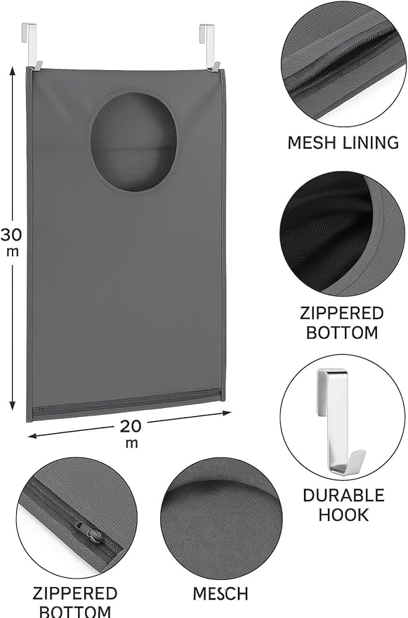 Hanging Laundry Hamper Bag β Space-Saving Dirty Clothes Storage with Free Adjustable Stainless Steel Over-the-Door Hooks & Suction Cup Hooks β Ideal for bathrooms, bedrooms & dorms (2, Gray)