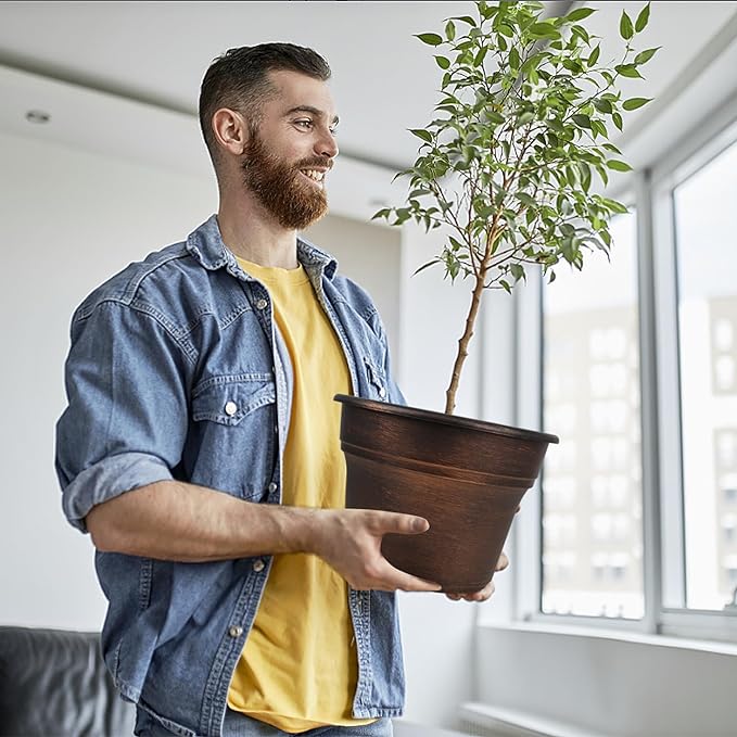 Plant Planters Pots Set of 4 Pack 16 Inch,Large Plastic Flower Pot for Indoor Plants with Drainage Holes & Trays, Resin Decorative Container Sets with Saucer for House Outdoor Garden Plant Copper