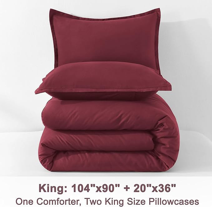 Litanika Burgundy Red Comforter Set King Size, 3 Pieces Lightweight Solid Bedding Comforter Set, All Season Fluffy Bed Set (104x90In Comforter & 2 Pillowcases)