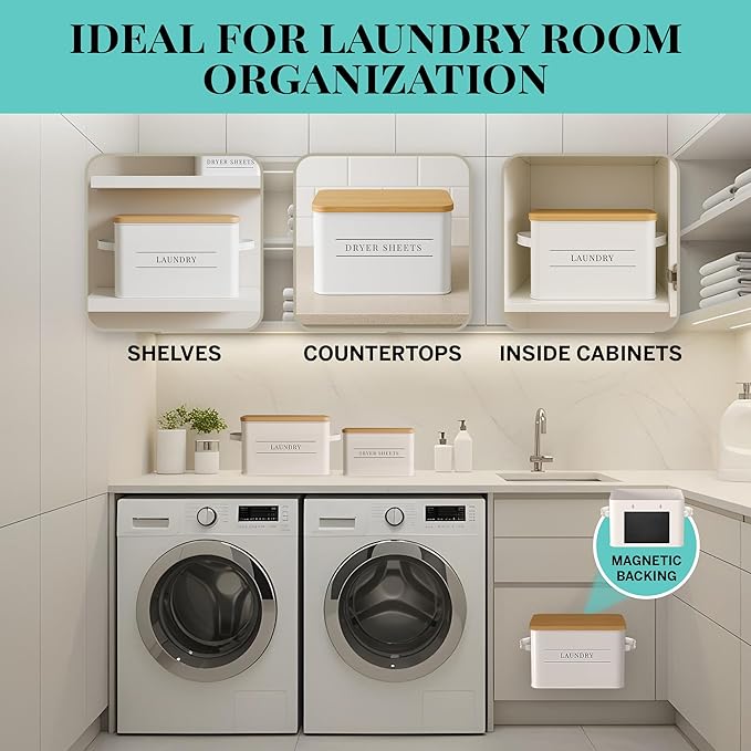 Metal Dryer Sheet Holder with Lid – Set of 2 Storage Bins for Laundry Room Organization & Home Decor – Classic White Metal Organizers and Containers with Lids - Sheet Organizers and Storage