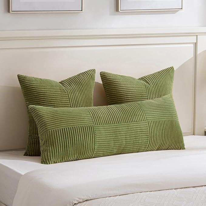 Fancy Homi 2 Packs Moss Green Euro Decorative Throw Pillow Covers 26x26 Inch for Bedroom Couch Bed, Farmhouse Boho Home Decor, Soft Corss Corduroy Patchwork Textured Square Cushion Case 66x66 cm