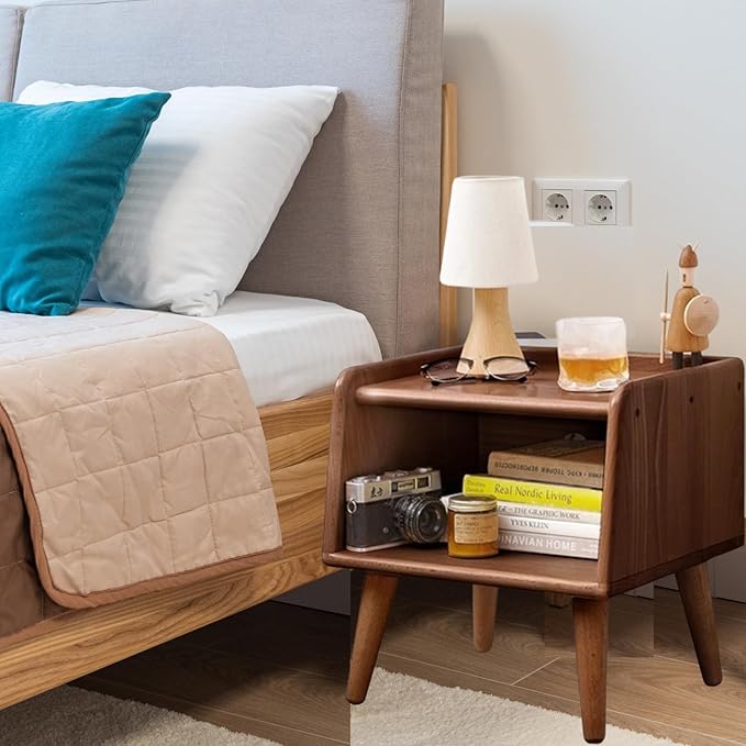 Small Bedside Table - 100% Solid Oak Wood Nightstand with Open Design - Small Side End Table for Bedroom Living Room, Easy Assembly (Walnut Color)