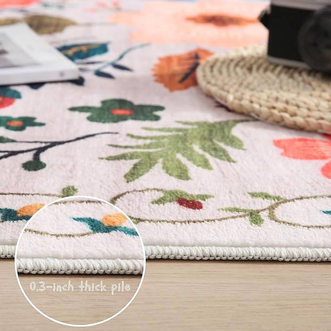 Bedroom Rug 3x5 Rug Washable Area Rug Non Slip Low Pile Boho Floral Small Carpet for Bedroom, Bedside, Kitchen, Entryway, Kids Room, Office, College Dorm Essentials for Girls(Beige)