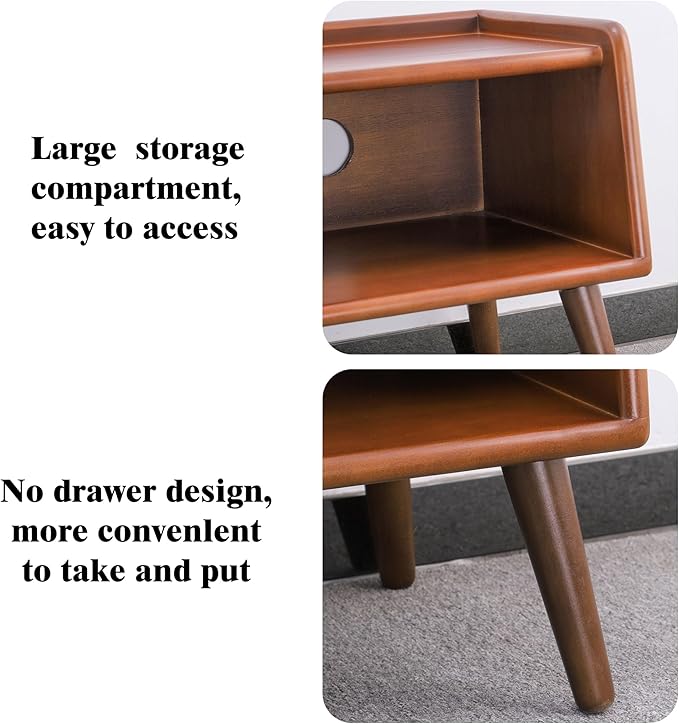 Small Bedside Table - 100% Solid Oak Wood Nightstand with Open Design - Small Side End Table for Bedroom Living Room, Easy Assembly (Walnut Color)