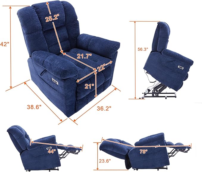Triple Motor Power Lift Recliner Chair with Massage and Dual Heat for Elderly People, Zero Gravity Lay Flat Recliner Infinite Position, USB Ports(Navy Blue)