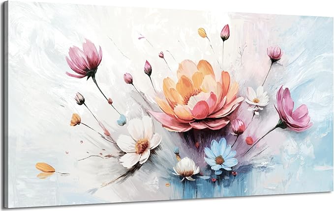 amatop Large Floral Wall Art – Modern Pink White and Blue Abstract Colorful Flower Bouquet Print Large Botanical Canvas Picture Nature Artwork Wall Decor for Living Room Bedroom Office 48x24 inch