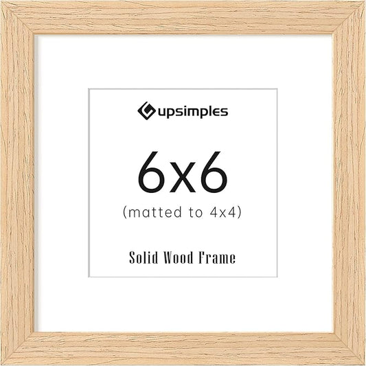 upsimples 6x6 Picture Frame, Natural Solid Wooden Picture Frames, Display 4x4 with Mat or 6 x 6 Without Mat, Wall or Tabletop, 1 Pack, Natural