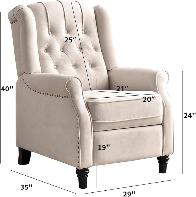 CANMOV Push Back Recliner Chair Set of 2, Elizabeth Fabric Recliner with Tufted Back Home Theater Seating w/Padded Seat and Nailhead Trim, Wooden Legs, Adjustable Single Sofa,White