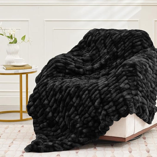 Ultra Soft Luxury Faux Fur Twin Blanket for Counch,Fuzzy Fluffy Plush Warm Cozy Elegant Wrinkled Blanket for Sofa Bedroom Living Room,(60"x80",Tie-dye Black)