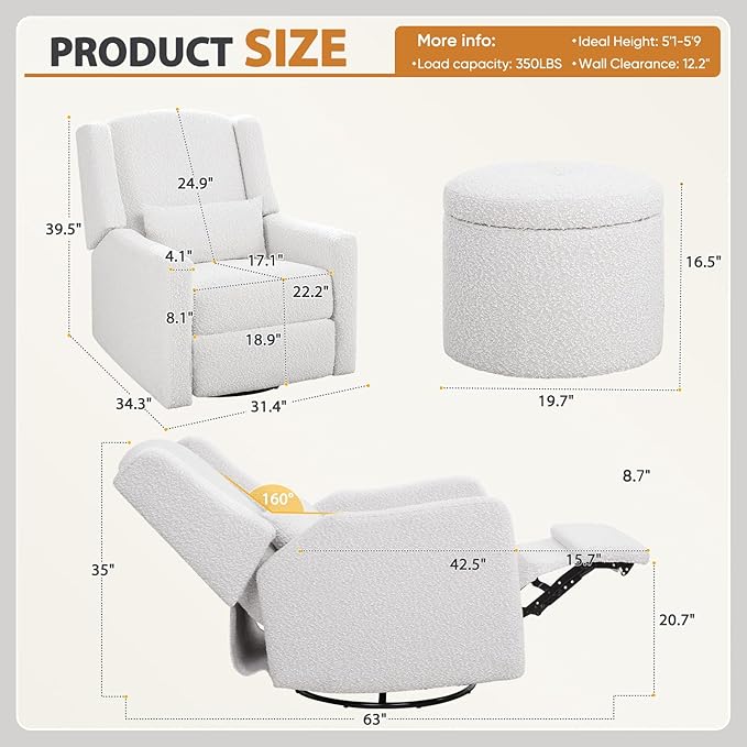 Power Recliner Chair Swivel Glider, Large Rocker Recliner w/USB Charging Port, Boucle Upholstered Swivel Rocker Glider Recliner for Nursery,Bedroom,Living Room, 1PC, Cream
