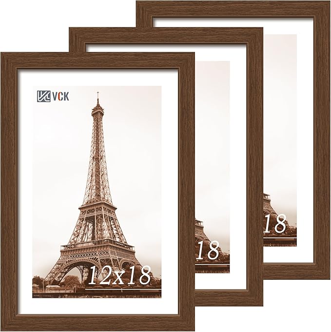 VCK 12x18 Picture Frame 3 Pack, Brown Wood Poster Frame with Exclusive Wood Grain, Wall Mounting Hanging