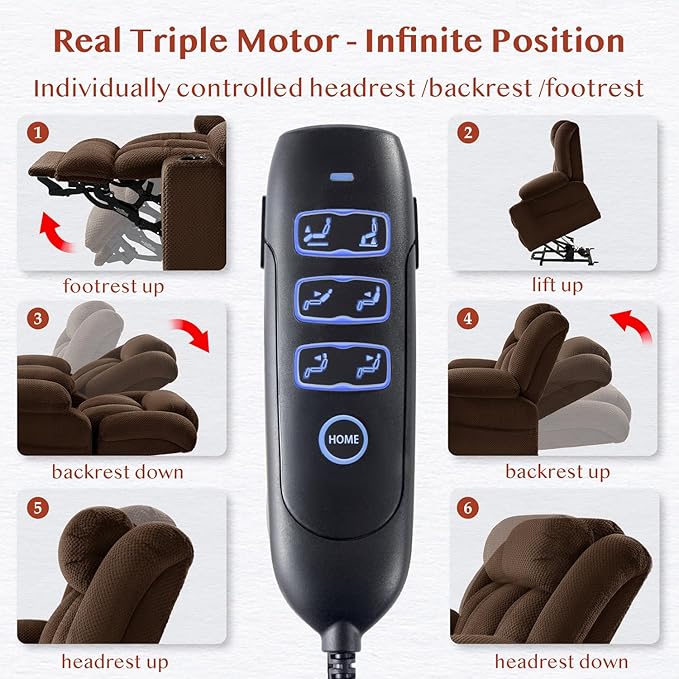 Three Motor Large-Wide Power Lift Chairs Recliners for Big and Tall Elderly, 180° Lay Flat Lift Chair, Infinite Position, Power Headrest, Heat & Vibration Massage (Plush Flannel, Deep Brown)
