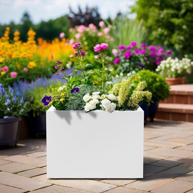 Metal Planter Box Rectangular Block-No Installation Required Galvanized Steel Long Box Planter Modern Outdoor Planters All-Weather Use with Drainage Holes for Patio/Porch,16 ×12×12IN(White)