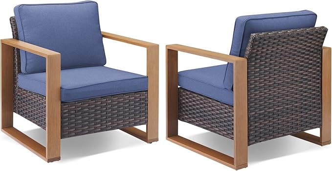 Outdoor Wicker Patio Furniture Set - 5 Piece Patio Conversation Set with 2 Wicker Armrest Chairs,2 Rattan Ottoman and 1 Couch,Sturdy Frame,Thick Cushions,Deep Seating(Brown/Blue)