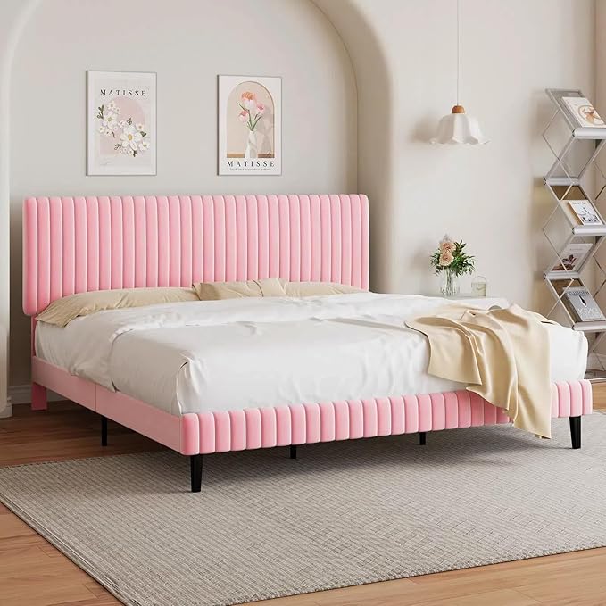 King Size Bed Frame with Headboard, Velvet Upholstered Platform Bed with Vertical Channel Tufted Design, No Box Spring Required, Easy Assembly, Pink