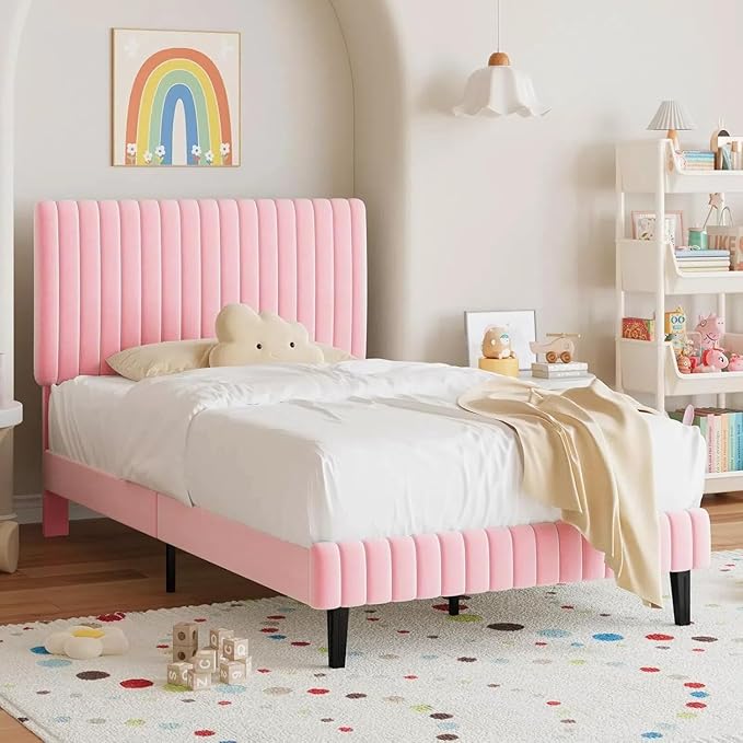 Twin Size Bed Frame, Velvet Upholstered Platform Bed with Vertical Channel Tufted Headboard and Footboard, No Box Spring Required, Easy Assembly, Pink