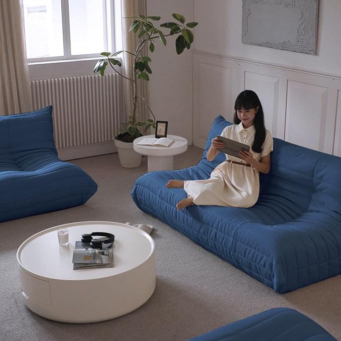 Luxury Sofa Couch Chair, Lazy Floor Seating, Fireside Bean Bag Chair, Ergonomic Tatami Sofa Lounger for Living Room, Bedroom, Office, 3 Seat, Blue