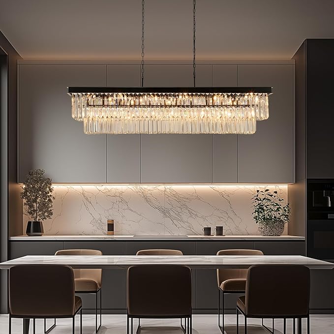 Crystal Chandeliers for Dining Room Light Fixtures Over Table,18-Lights Black Modern Rectangle Chandeliers for Kitchen Island Bar L46 Inch