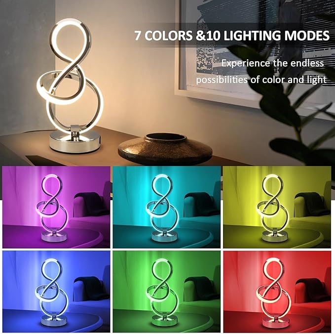 Modern Spiral Table Lamp, 7 Colors 10 Light Modes LED Nightstand Small Lamp with USB C+A Ports, Touch Dimmable Lamps for Living Room Bedroom Bedside, Unique & Cool Lamps,Silver