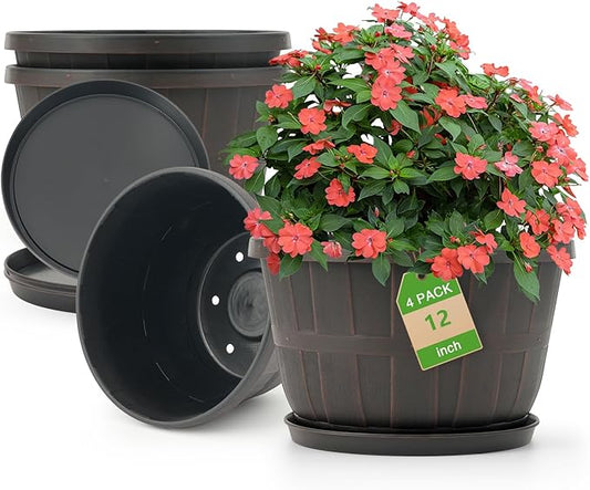 Quarut 12 Inch Large Planter Pot for Plants Indoor Outdoor, 4 Pack Plastic Flower Pots with Drainage Hole & Tray, Modern Decorative Garden Pot with Saucer, Plant Container for House(Brown)