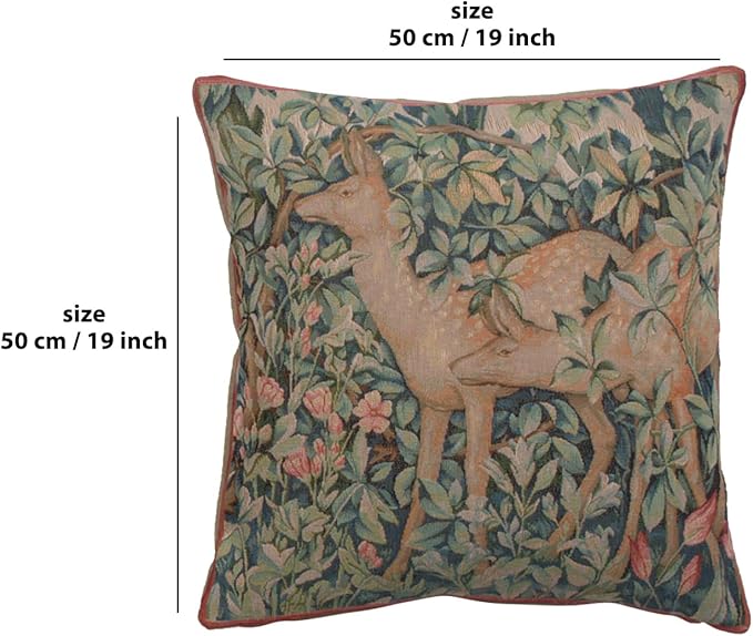 Charlotte Home Furnishings Decorative Tapestry Pillow Cover 19x19 in, Green Does Couch Throw Pillow Cover, French Country Square Cushion Cases for Living Room Home Decor, Soft Cotton Jacquard Woven