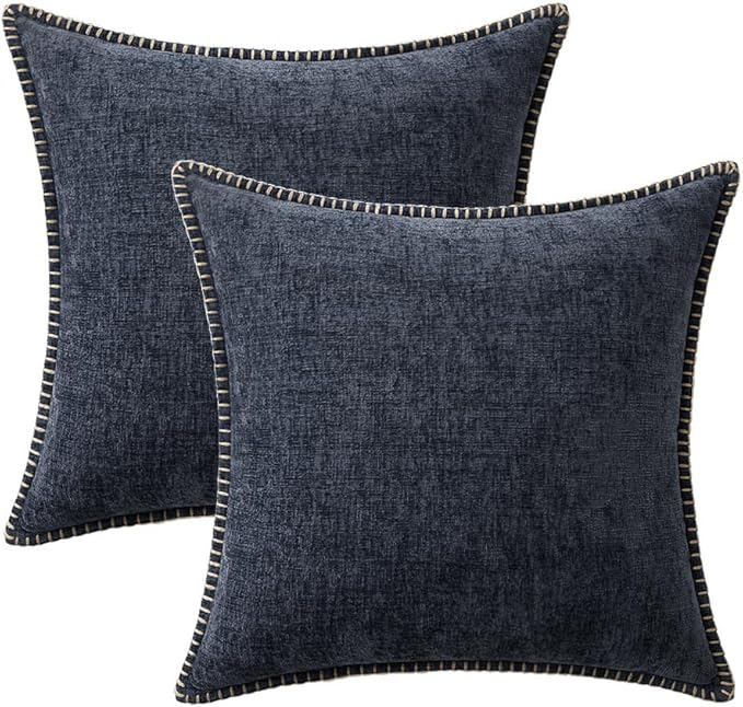 MIULEE Pack of 2 Couch Throw Pillow Covers 20x20 Inch Dark Blue Farmhouse Decorative Pillow Covers with Stitched Edge Soft Chenille Solid Dyed Spring Pillow Covers for Sofa Bed Living Room