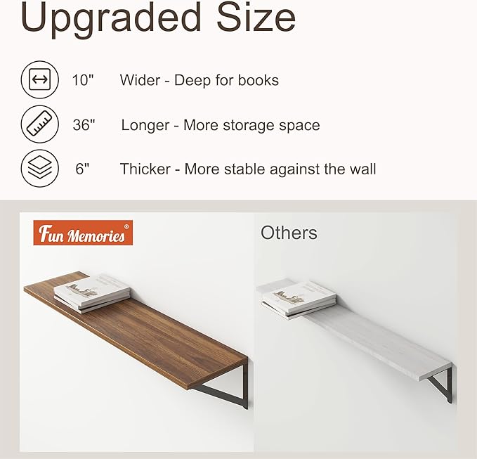 36"W x 10"D Floating Shelves, 10 Inch Deep Walnut Floating Shelves, Farmhouse Rustic Deep Wall Shelves for Home Decor, Wide Large Floating Shelf for Bathroom, Living Room, Kitchen, Study Room