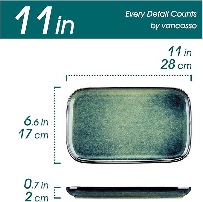 vancasso Stern Serving Platters Set of 4, 11 Inches Rectangular Ceramic Serving Plates, Green Serving Trays for Entertaining