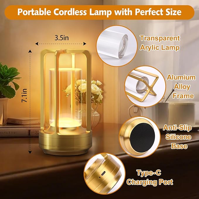 Portable Table Lamp for Outdoor Indoor: Cordless Rechargeable Desk Lamp with 3 Color Stepless Dimmable - Metal Battery Operated Small Lantern Light for Restaurant/Bedroom/Bar/Coffee Shop/Camping