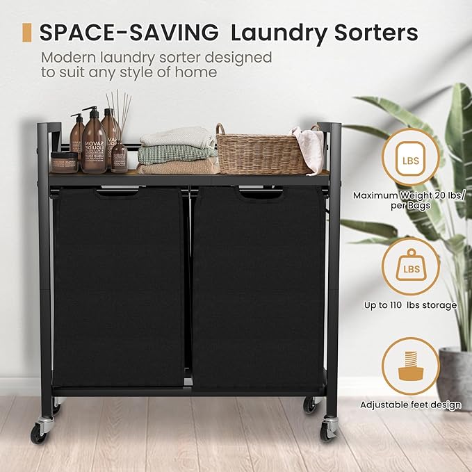 Laundry Hamper, Laundry Basket, Laundry Sorter with 2 Removable Bags, Clothes Basket with 2 Compartments, Wheels, Shelf for Laundry Room Bathroom Bedroom (2 Bags-Black)