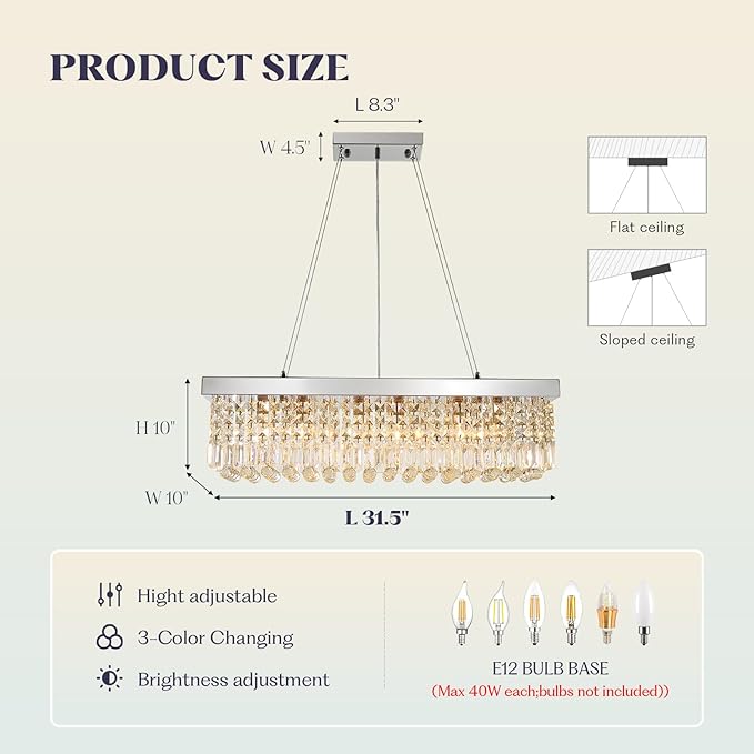 Modern Crystal Chandelier for Dining Room,6 Light K9 Crystal Rectangle Chandelier, Rectangular Pendant Ceiling Light Fixture for Living Room Kitchen Island L31.5''xW10''xH10''