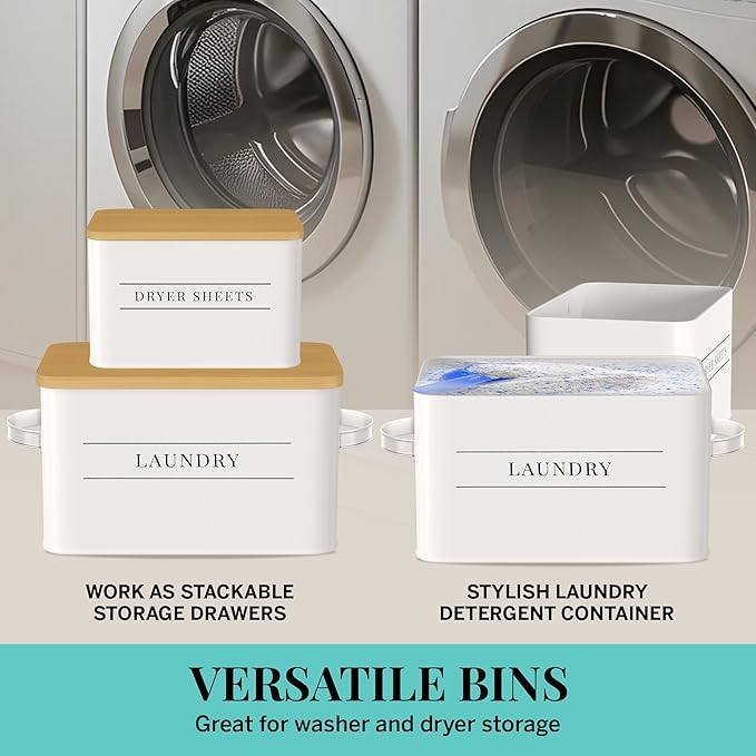 Metal Dryer Sheet Holder with Lid – Set of 2 Storage Bins for Laundry Room Organization & Home Decor – Classic White Metal Organizers and Containers with Lids - Sheet Organizers and Storage