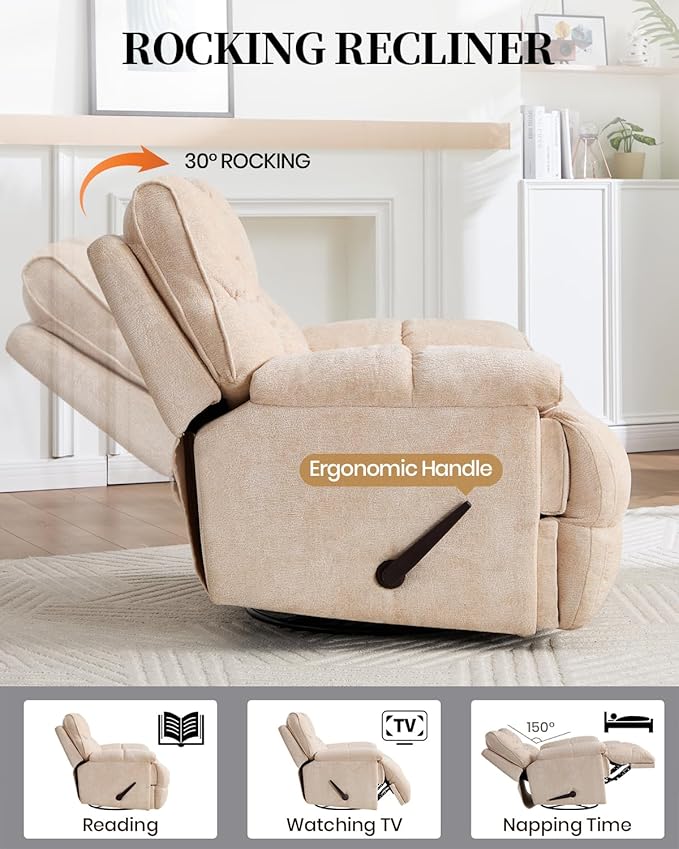 Oversized Recliner Chair Manual Swivel Rocker Recliner for Living Room Chenille Overstuffed Nursery Reclining Sofa Chair Rocking Recliners for Adults 400lbs (Manual, Beige)