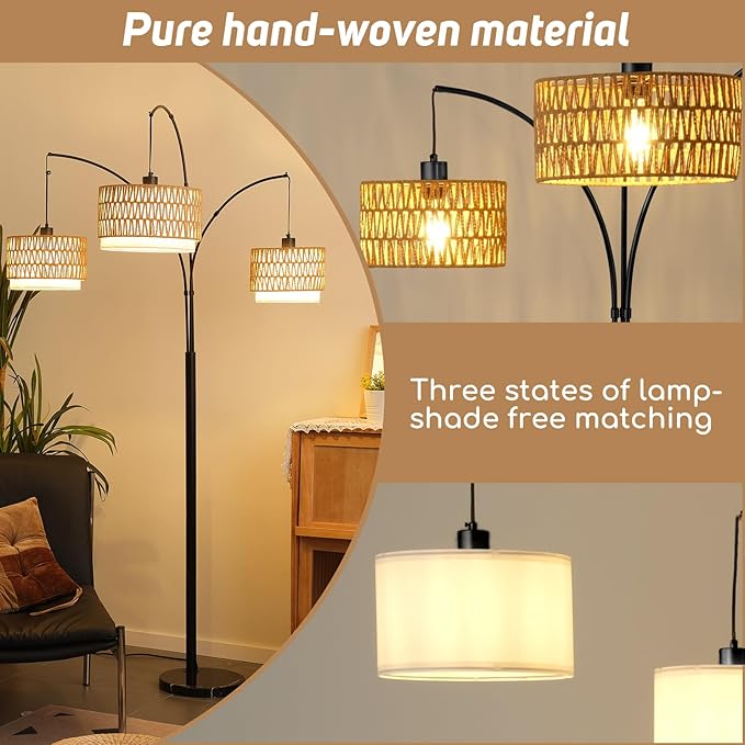 Rattan Floor Lamp for Living Room, 80 Inch Tall Boho Floor Lamp with Rotary Switch, 3 Lights Arc Lamp with Wicker Shade for Coastal,Bohemian,Tree Farmhouse Standing Lamp