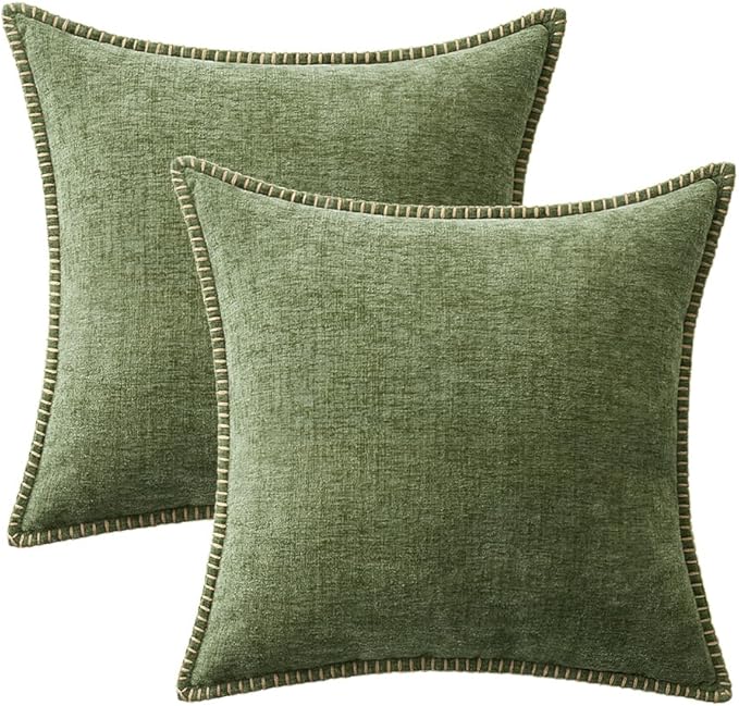 MIULEE Pack of 2 Fall Couch Throw Pillow Covers 18x18 Inch Sage Green Farmhouse Decorative Pillow Covers with Stitched Edge Soft Chenille Solid Dyed Spring Pillow Covers for Sofa Bed Living Room