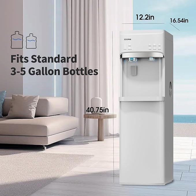 Self-Cleaning Bottom Load Water Cooler Dispenser with Ice Maker for 5 Gallon 3 Temperature Settings 22lbs Daily Capacity White