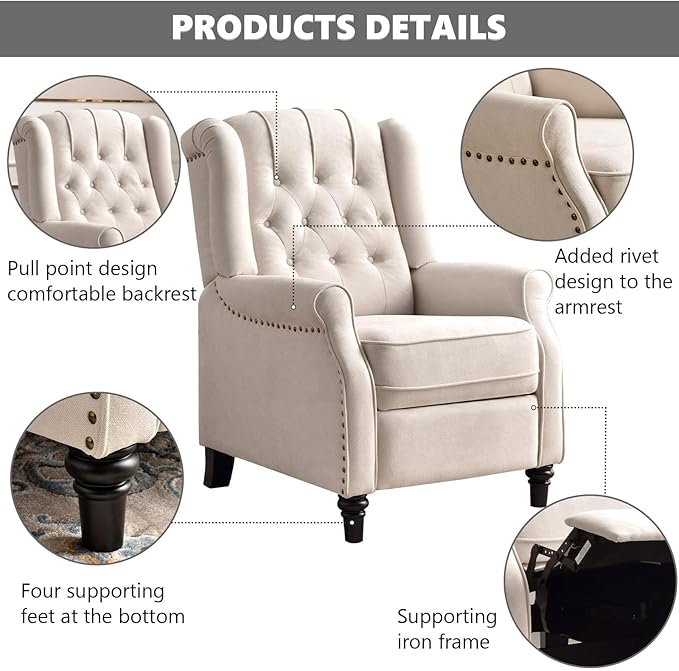 CANMOV Push Back Recliner Chair Set of 2, Elizabeth Fabric Recliner with Tufted Back Home Theater Seating w/Padded Seat and Nailhead Trim, Wooden Legs, Adjustable Single Sofa,White