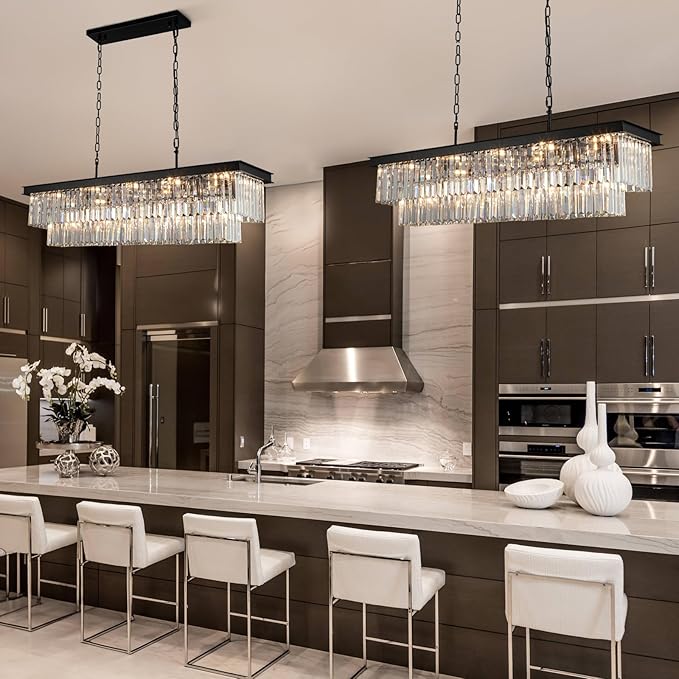 Crystal Chandeliers for Dining Room Light Fixtures Over Table,15-Lights Black Modern Rectangle Chandeliers for Kitchen Island Bar L40 Inch