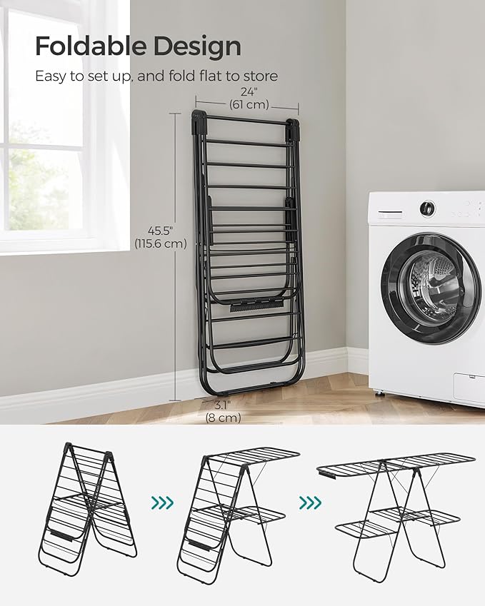 SONGMICS Clothes Drying Rack, Foldable 2-Level Laundry Drying Rack, Free-Standing Laundry Airer, with Height-Adjustable Wings, 33 Drying Rails, Sock Clips, Black ULLR053B01V1