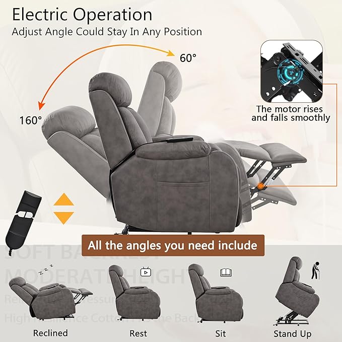 Power Lift Chair Recliners for Elderly, Modern Overstuffed Electric Seniors Recliner Chair with Remote Control Side Pocket for Living Room Bedroom (Dark Grey)