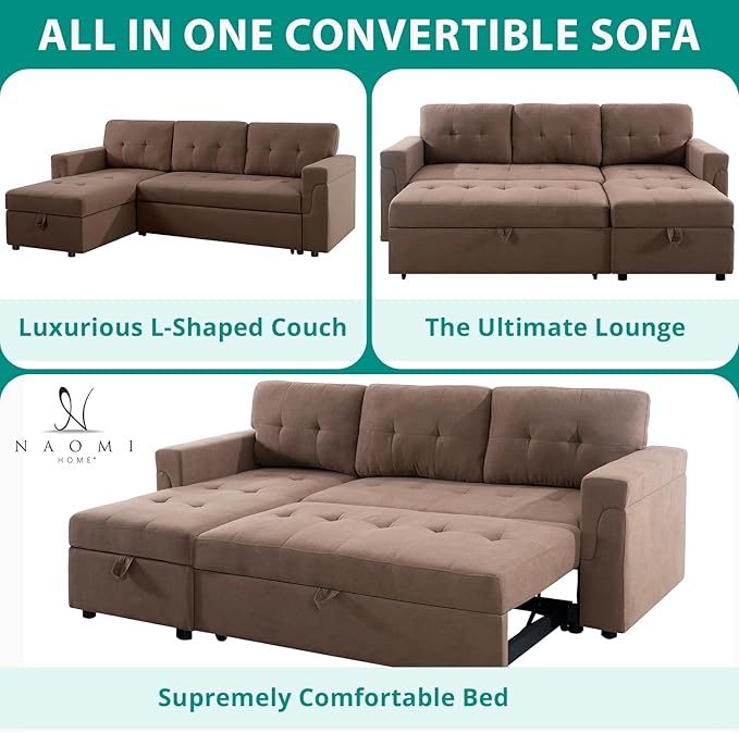 Naomi Home Transform Any Space: Sleeper Sectional Sofa with Convertible Sofa Bed & Inviting Chaise. Find Tranquil Comfort with Stress-Relieving Design & Durable Cushions - Mocha/Velvet