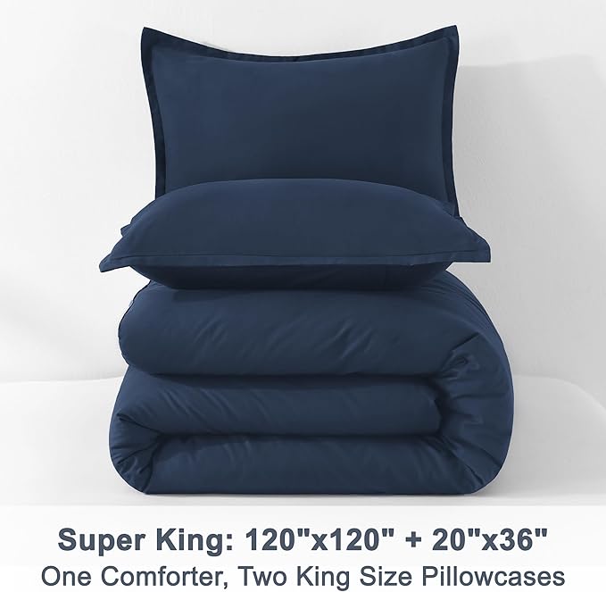 Litanika Navy Blue Oversized King Comforters Super King Size, 3 Pieces Lightweight Solid Bedding Comforter Set, All Season Fluffy Bed Set (120x120In Comforter & 2 Pillowcases)