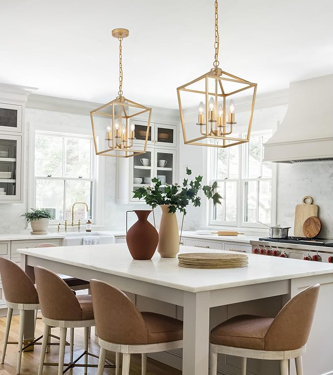 Industrial 4 Lights Chandelier, Gold Lantern Ceiling Light Fixtures with Rustic Metal Cage Adjustable Height Farmhouse Geometric Hanging Light for Kitchen Island, Dining Room, Entryway, UL Listed