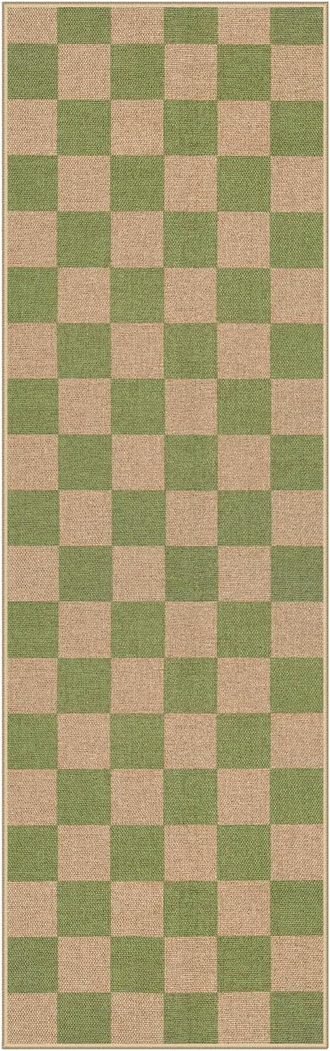 Lahome Checkered Entryway Runner Rug, 2x8 Green Washable Rug Runners for Hallway Non Slip, Farmhouse Indoor Outdoor Non Shedding Kitchen Mats for Floor Porch Balcony