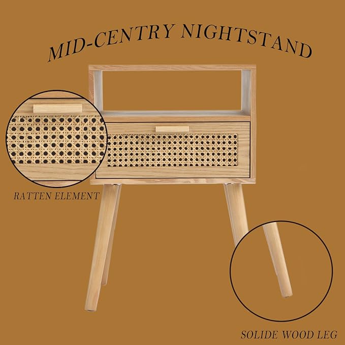 MaxSmeo Bedside Table, Small Nightstand with Charging Station, Rattan Side Table Wood End Table for Living Room, Bedroom and Small Spaces, Mid Century Modern Nightstand, Easy Assembly (Natural)