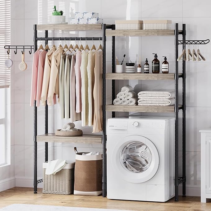 CABIHOME 5-Tier Over-The-Washer Shelf - Adjustable Height Laundry Organizer Space Saver, Double-Layer 100lb Shelves, 2 Hooks for Bathroom/Balcony (Grey & Black)