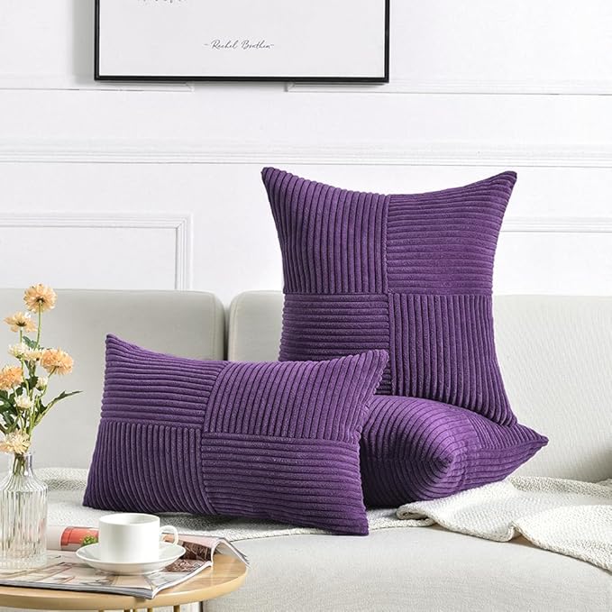 Fancy Homi 2 Packs Purple Decorative Throw Pillow Covers 16x16 Inch for Living Room Couch Bed, Farmhouse Boho Home Decor, Soft Corss Patchwork Corduroy Textured Square Cushion Case 40x40 cm