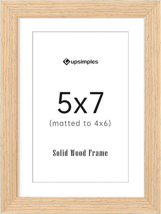 upsimples 5x7 Picture Frame, Natural Solid Wooden Picture Frames, Display 4x6 with Mat or 5 x 7 Without Mat, Wall or Tabletop, 1 Pack, Natural