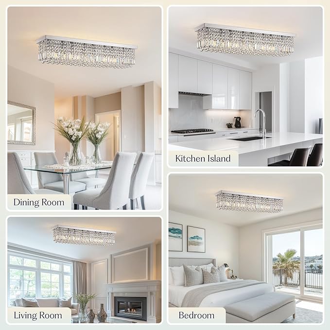 Modern Crystal Chandelier, 8-Lights Rectangle Chandelier Rectangular Flush Mount Pendant Ceiling Light Fixture K9 Crystal Raindrop Chandeliers for Dining Living Room Kitchen Island πππ ππ§ππ‘